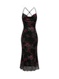 Womens Floral Ruched Mesh Bodycon Maxi Dress Cowl Neck Long Cami Dress Black X-Large