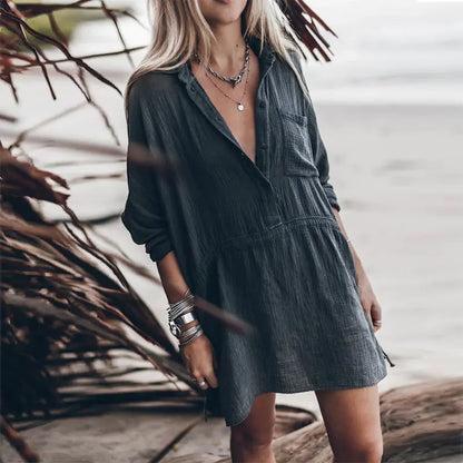 Furrzy Autumn Casual Loose Cotton Linen V-Neck Dress for Women