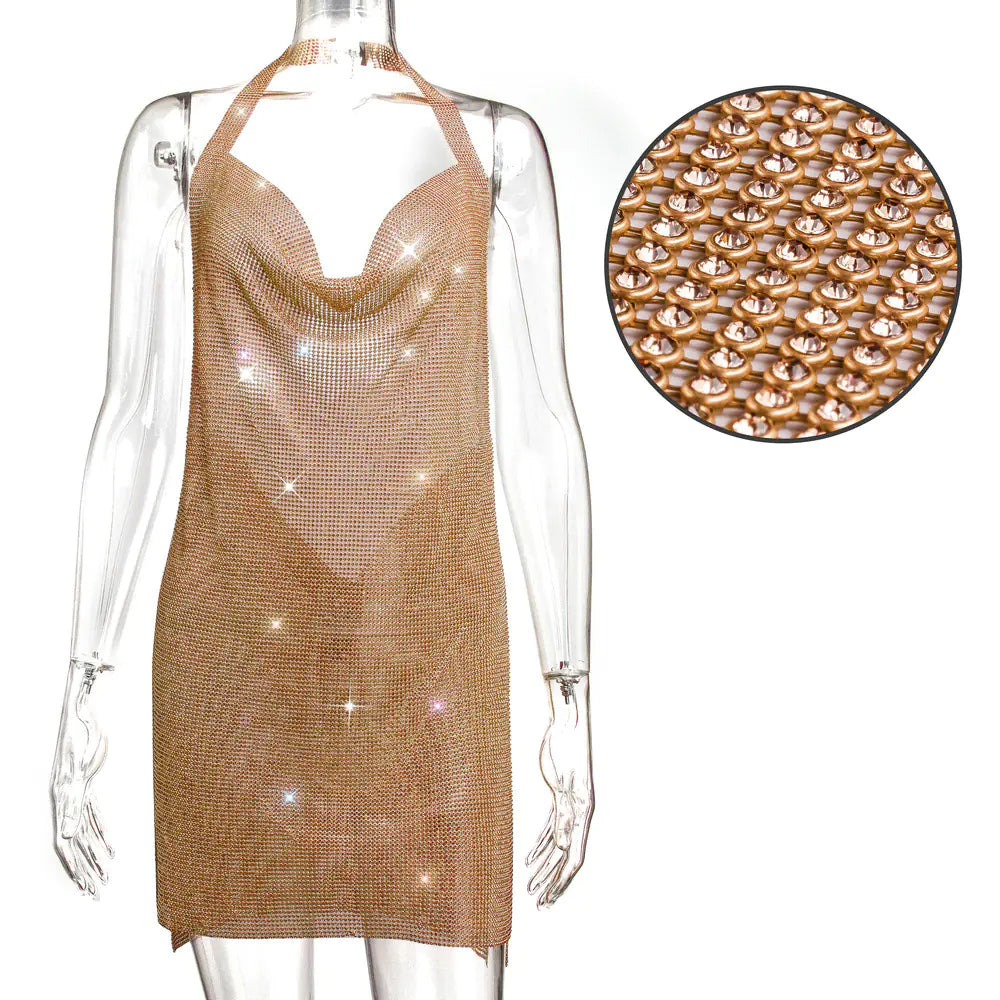 Furrzy Premium Rhinestone Halter Neck Backless Mini Dress