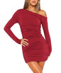 Furrzy Women Off The Shoulder Long Sleeve Dress Ruched Dresses Bodycon Mini Dress Cocktail Going Out Dress Wine Red S