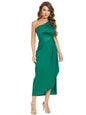 Furrzy Womens One Shoulder Satin Silk Backless Split Wrap Hem Twist Ruched Summer Party Cocktail Midi Dress Green