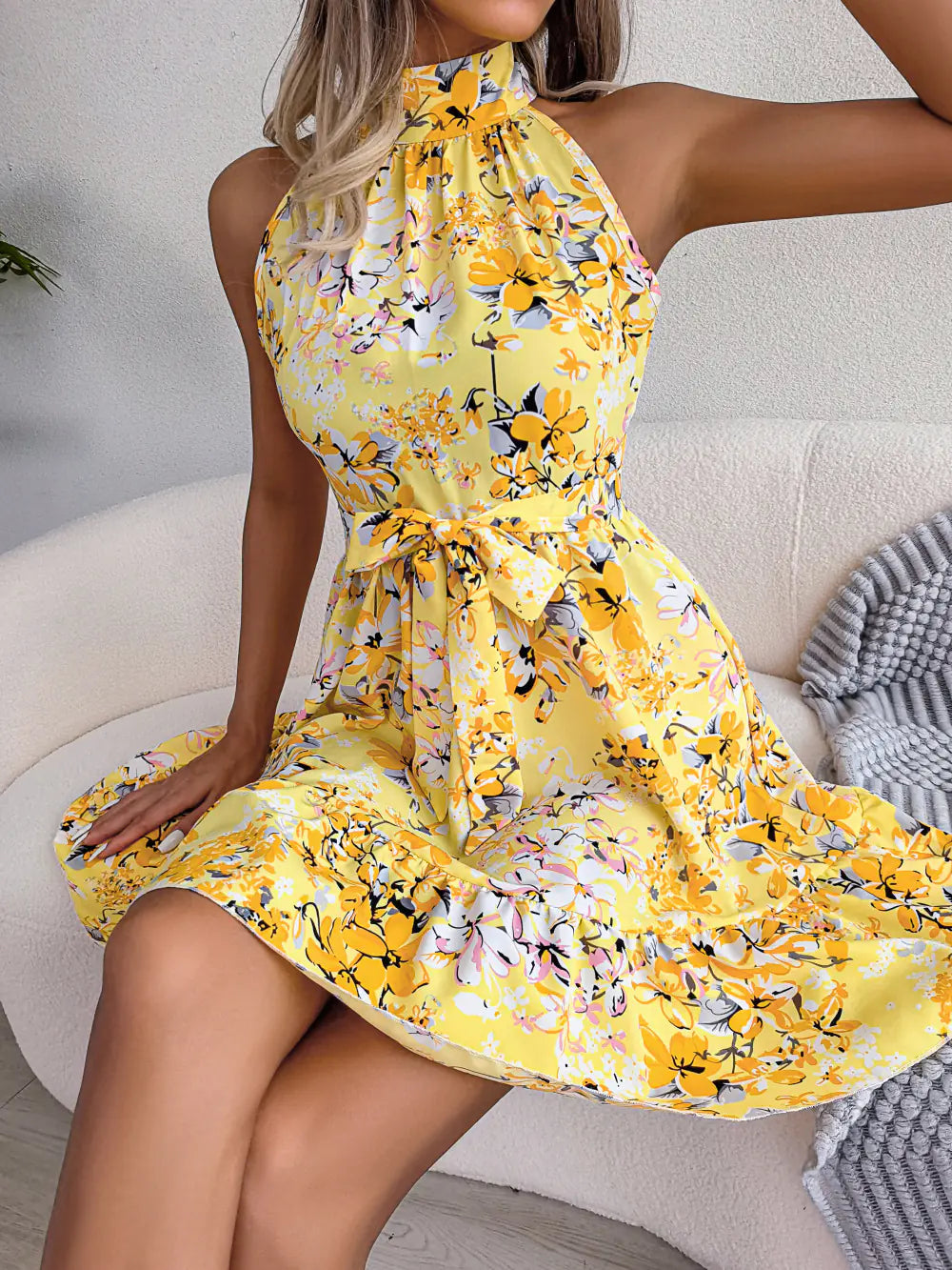 Furrzy Floral Ruffle Maxi Dress with Tie Detail for Women