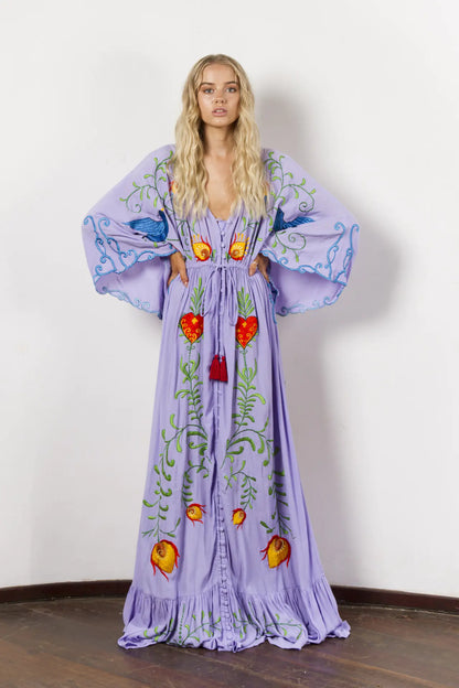 Furrzy Bohemian Floral Embroidered Tassel Maxi Dress