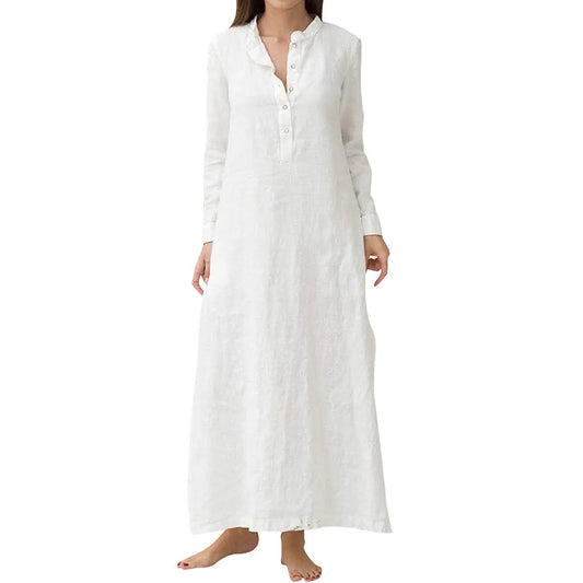 Furrzy Women Kaftan Cotton Dress Stand Collar Ankle Long Sleeve Plain Casual Oversized Shirt Maxi Plus Size (US Alpha Medium Regular Regular White)