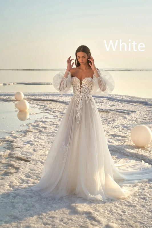 Furrzy Puff Sleeve Beach Wedding Dress for Women