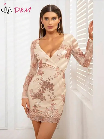 Furrzy Chic Long Sleeve Sheer Floral Sequin Evening Dress
