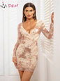 Furrzy Chic Long Sleeve Sheer Floral Sequin Evening Dress