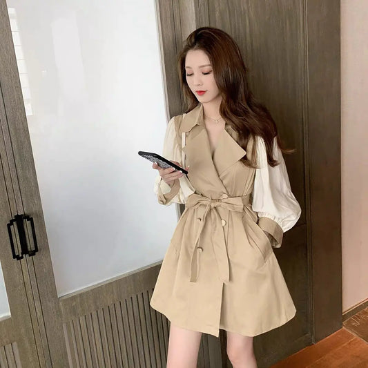 Furrzy Chic Khaki Color Spliced Sleeve Trench Dress