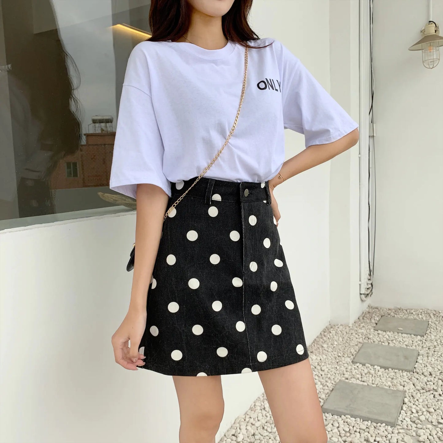 Furrzy High Waist Denim Polka Dot A-Line Skirt