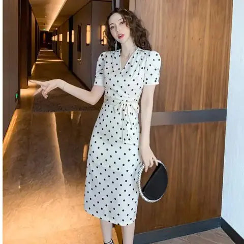 Furrzy Elegant Satin Polka Dot Sheath Dress with Bubble Sleeves