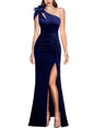Furrzy Womens 3D Flower One Shoulder Velvet Formal Wedding Guest Prom Maxi Dress 2023 Sexy Cocktail Evening High Slit Cutout Ruched Spring Winter Long Gown (Navy Blue Large) 10783 BLU L