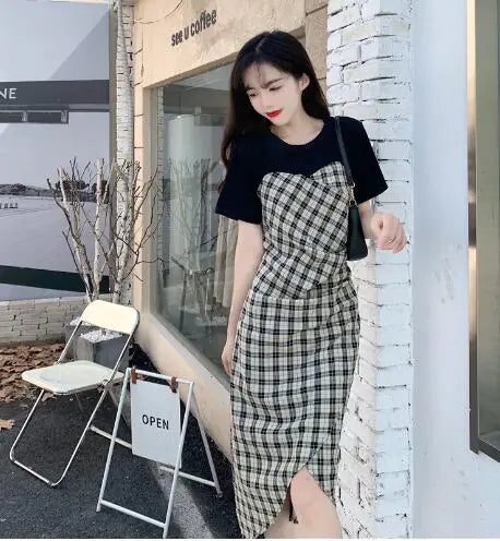 Summer Short Sleeve Splicing Plaid Dress for Women