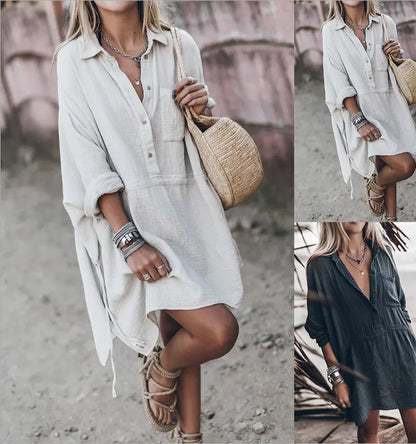 Furrzy Autumn Casual Loose Cotton Linen V-Neck Dress for Women