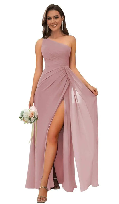 Furrzy Womens One Shoulder Long Bridesmaid Dress Dusty Rose Ruched Cocktail Dress Formal Gown with Slit Size 14