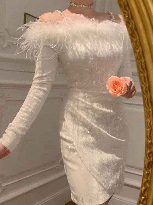Furrzy Sequined Feather Off-Shoulder Evening Dress for Women