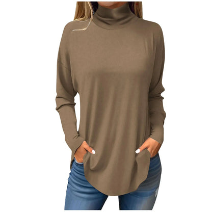 Furrzy Mock Neck Long Sleeve Tops for Women Turtle Necks Plain Casual Cute Fall Shirts Curved Hem Trendy Blouses Soft Tunic Tops to Wear with Leggings Long Sleeve Shirts for Women 2024 Camel XX-Large