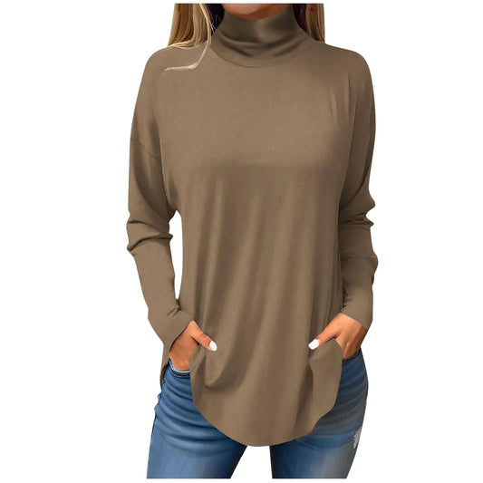 Furrzy Mock Neck Long Sleeve Tops for Women Turtle Necks Plain Casual Cute Fall Shirts Curved Hem Trendy Blouses Soft Tunic Tops to Wear with Leggings Long Sleeve Shirts for Women 2024 Camel XX-Large