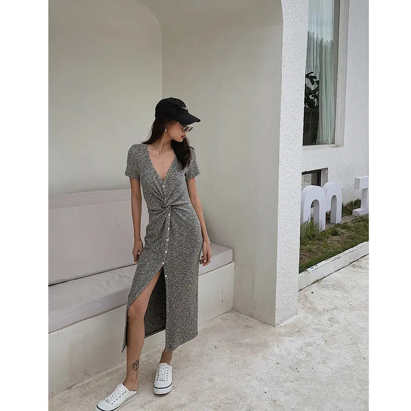 Furrzy Floral Gray Short Sleeve Twist Split Maxi Dress