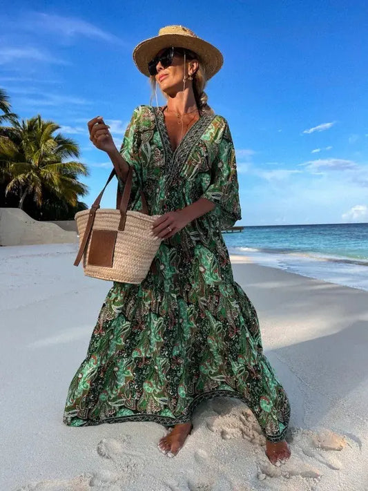 Furrzy Bohemian Style V-Neck Floral Maxi Dress for Women