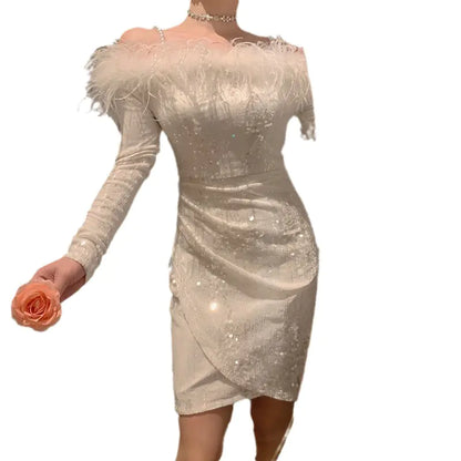 Furrzy Sequined Feather Off-Shoulder Evening Dress for Women