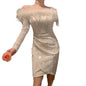 Furrzy Sequined Feather Off-Shoulder Evening Dress for Women