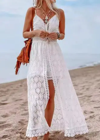 Furrzy White Boho Lace Maxi Dress