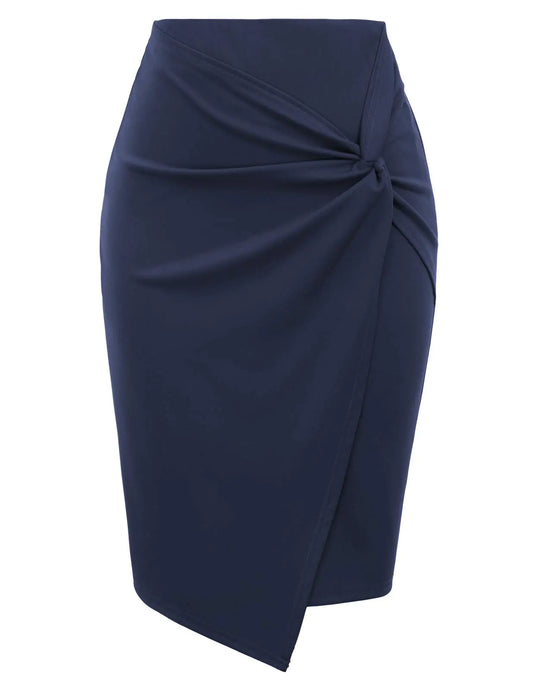 Furrzy Wear to Work Pencil Skirts for Women Elastic High Waist Wrap Front Knee Length Bodycon Skirt Tummy Control Navy Blue