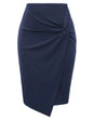 Furrzy Wear to Work Pencil Skirts for Women Elastic High Waist Wrap Front Knee Length Bodycon Skirt Tummy Control Navy Blue