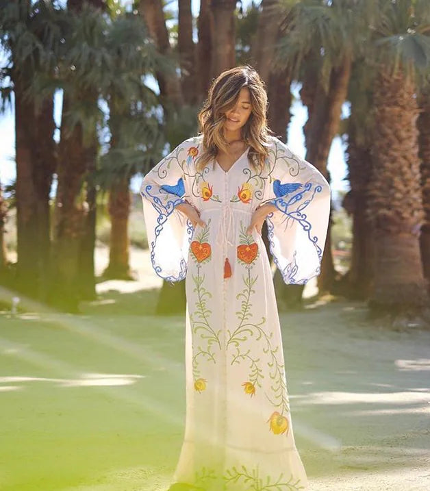 Furrzy Bohemian Floral Embroidered Tassel Maxi Dress