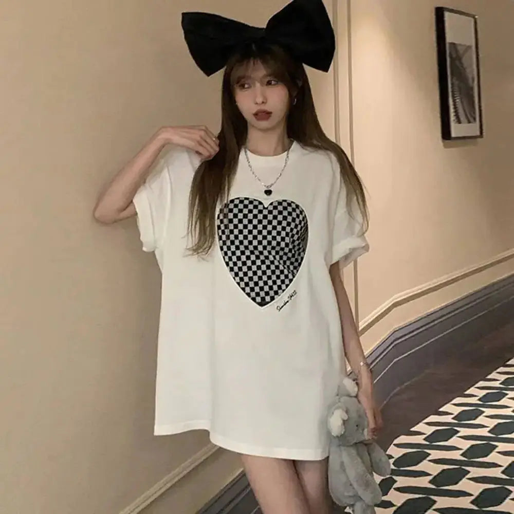 Furrzy Korean Plaid Oversized T-Shirt Two-Piece Set for Women