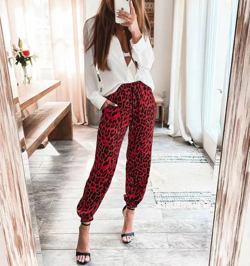Furrzy Leopard Print Elastic Waist Casual Trousers for Women