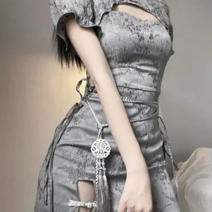 Furrzy New Chinese Style Cut-out Short Sleeve Cheongsam Dress