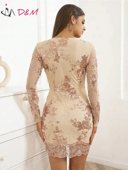 Furrzy Chic Long Sleeve Sheer Floral Sequin Evening Dress