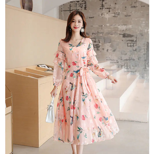 Furrzy Floral Chiffon Dress for Women - Short Sleeve Maxi