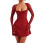 Furrzy Women Low Cut Mini Dress Solid Color Lace Floral Long Sleeve Backless Lace Up Short Dress Bodycon Mini Dress (Red S)