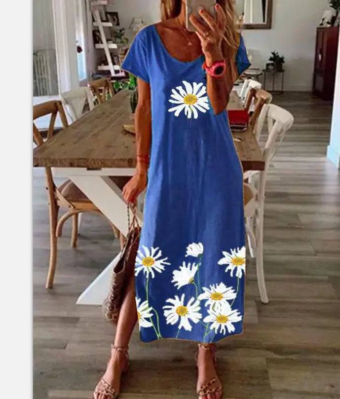 Daisy Print Maxi Dress with Side Slit for Women