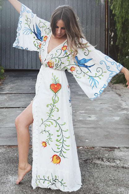 Furrzy Bohemian Floral Embroidered Tassel Maxi Dress