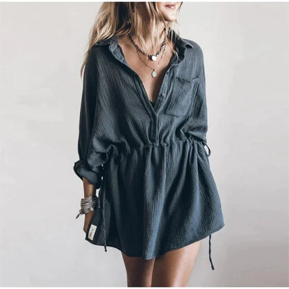Furrzy Autumn Casual Loose Cotton Linen V-Neck Dress for Women