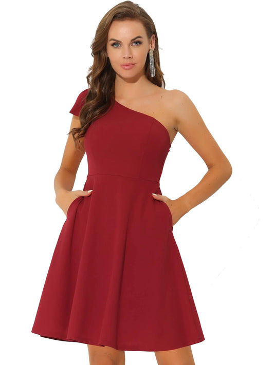 Furrzy Evening Cocktail Dress for Womens Party Elegant Flared One Shoulder Formal Dresses 3X-Large Red