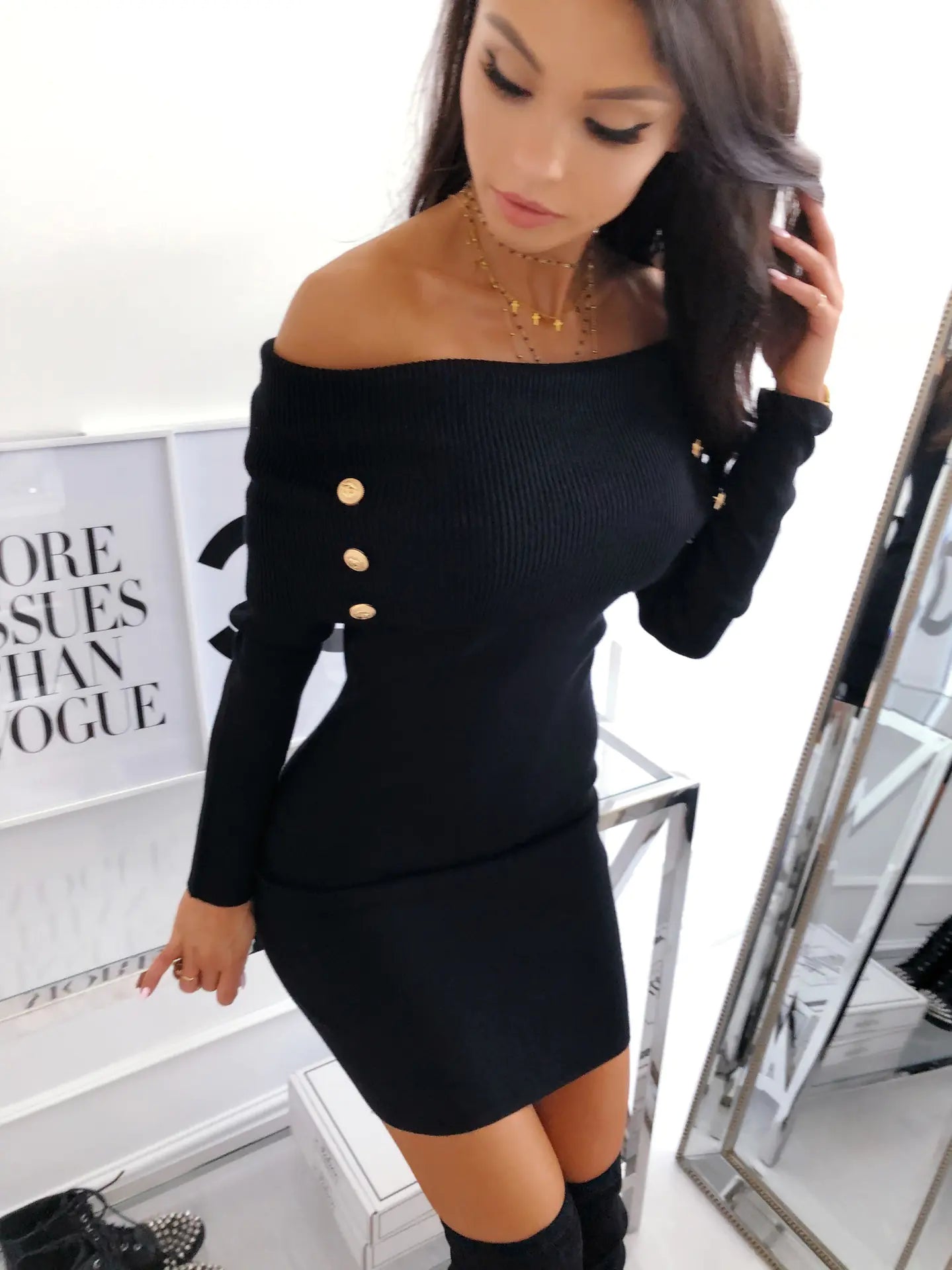 Furrzy Knit Bodycon Dress, Off-Shoulder Knit Dress
