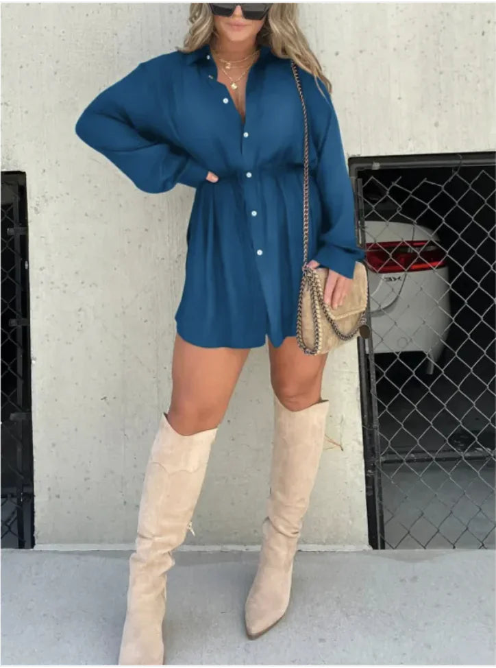 Women's Button-Up Long Sleeve Jumpsuit Shirt Dress
