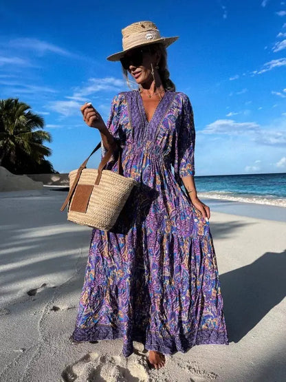Furrzy Bohemian Style V-Neck Floral Maxi Dress for Women