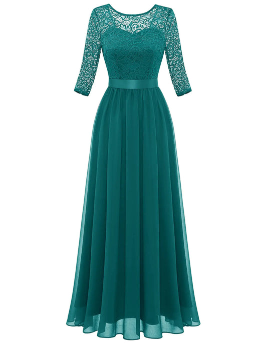 Furrzy Cocktail Dresses for Women Evening Party Vintage Long Sleeve Formal Dresses Elegant Floral Lace Maxi Dress Elegant Prom Dress for Wedding Guest Peacock Green M