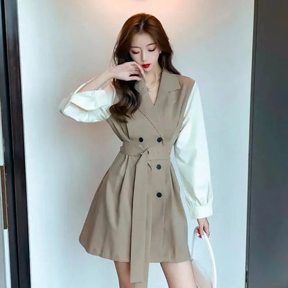 Furrzy Chic Khaki Color Spliced Sleeve Trench Dress