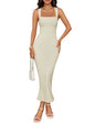 ZESICA Womens Summer Bodycon Midi Dress Sleeveless Square Neck Slim Fit Back Slit Long Cocktail Party DressesApricotMedium