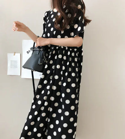Furrzy Bohemian Dot Print Loose Cotton Linen Dress for Women