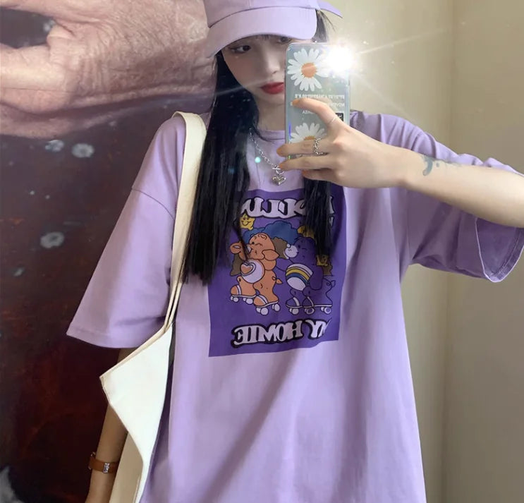 Furrzy Summer Korean Style Purple Oversized T-Shirt for Women