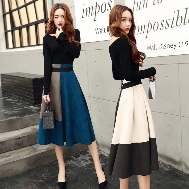 FurrzyTwo-Piece Suede Dress Set with Skirt and Dress