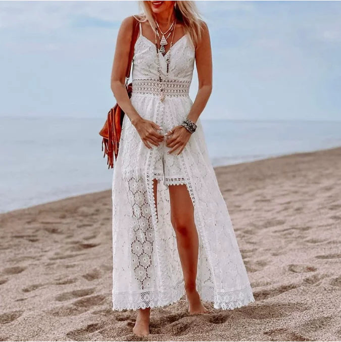Furrzy White Boho Lace Maxi Dress