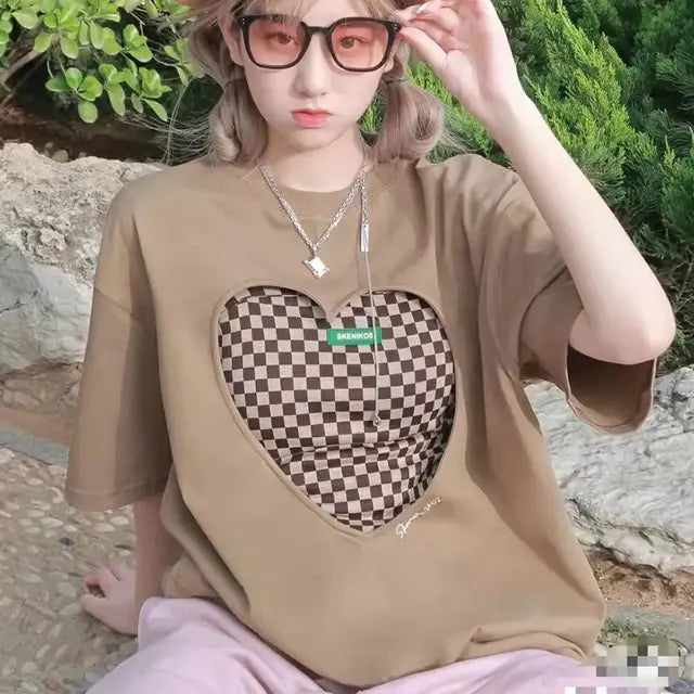 Furrzy Korean Plaid Oversized T-Shirt Two-Piece Set for Women